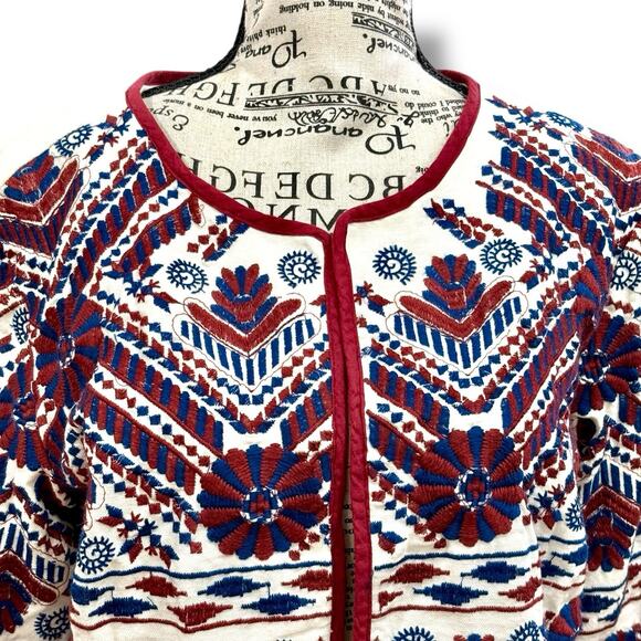 Anthropologie Size M Greenwich White Purple 100% Cotton Embroidered Jacket Aztec - Picture 4 of 6